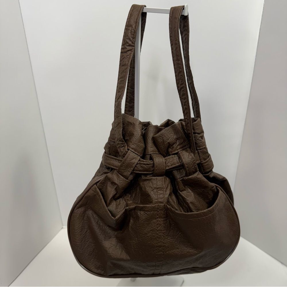 Womens Brown Textured Faux Leather Slouchy Shoulder Bag Casual Pockets Y2K